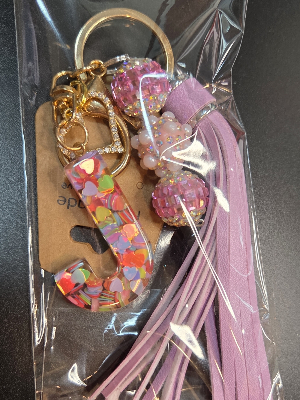 Personalized Handmade 'J' Tassel Keychain Charm with Sparkly Beads in Pink - Picture 12 of 12
